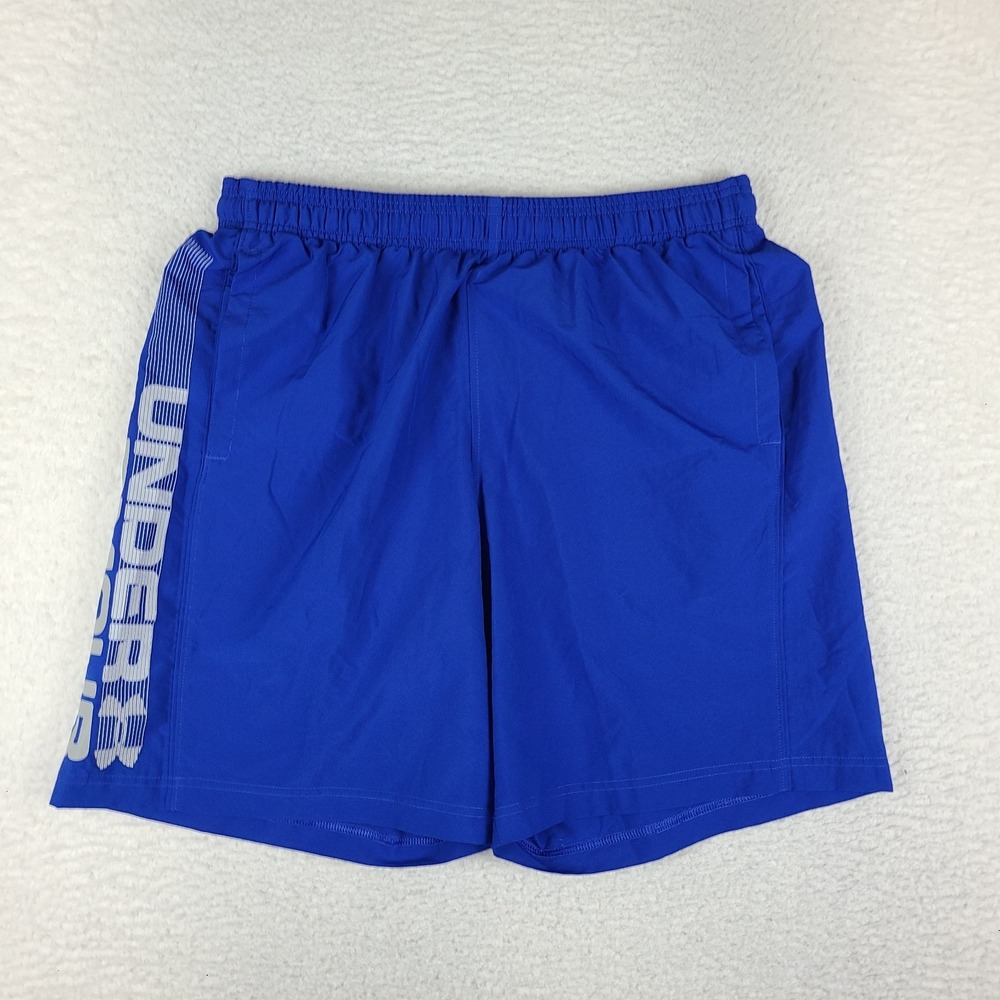 Under Armour Shorts Men Large Blue Loose Heatgear Woven Graphic Wordmark 1320203